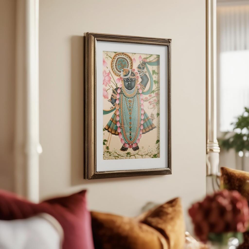 Shreenathji Floral Pichwai Art - Shrinath ji Painting, Indian Hindu God Wall Decor