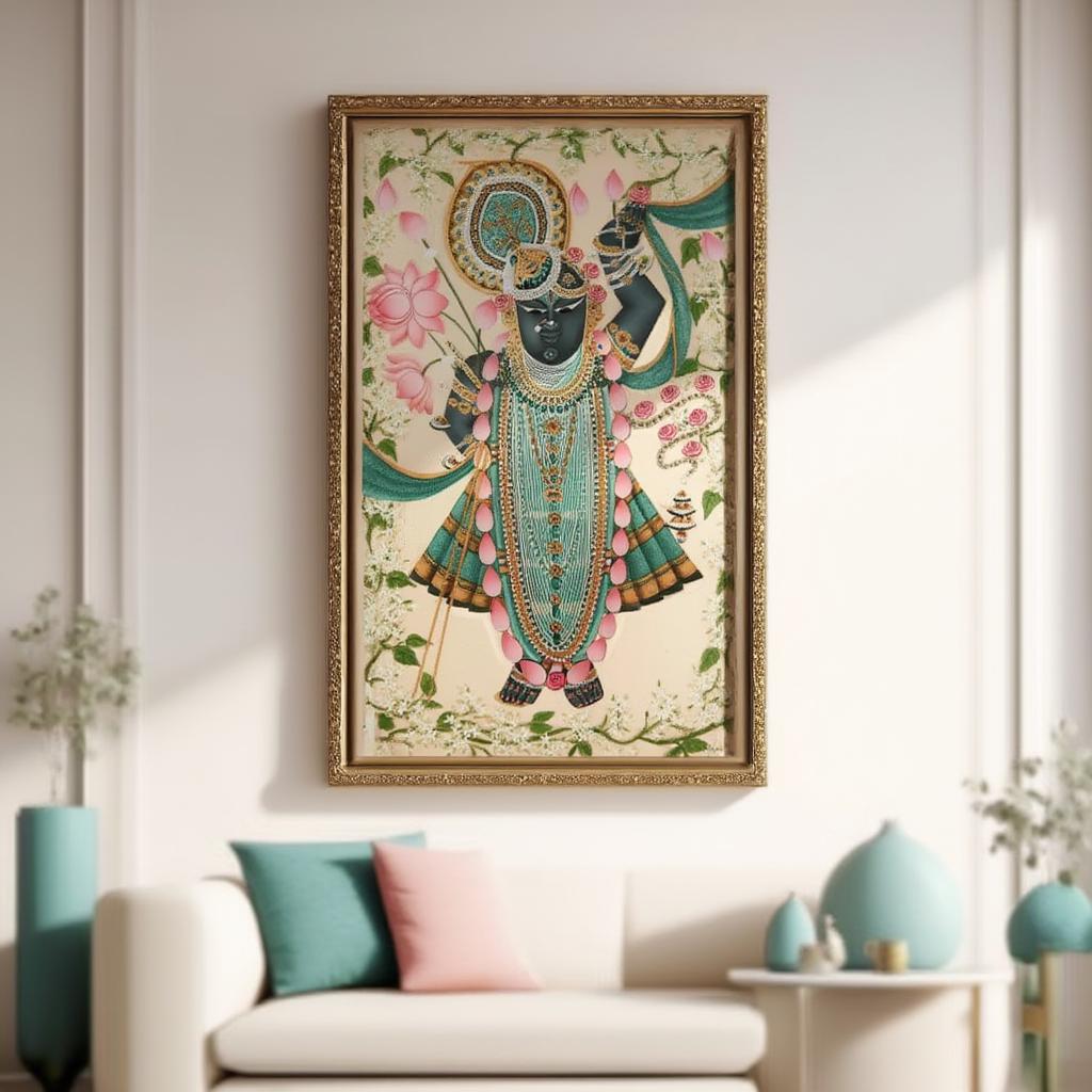 Shreenathji Floral Pichwai Art - Shrinath ji Painting, Indian Hindu God Wall Decor