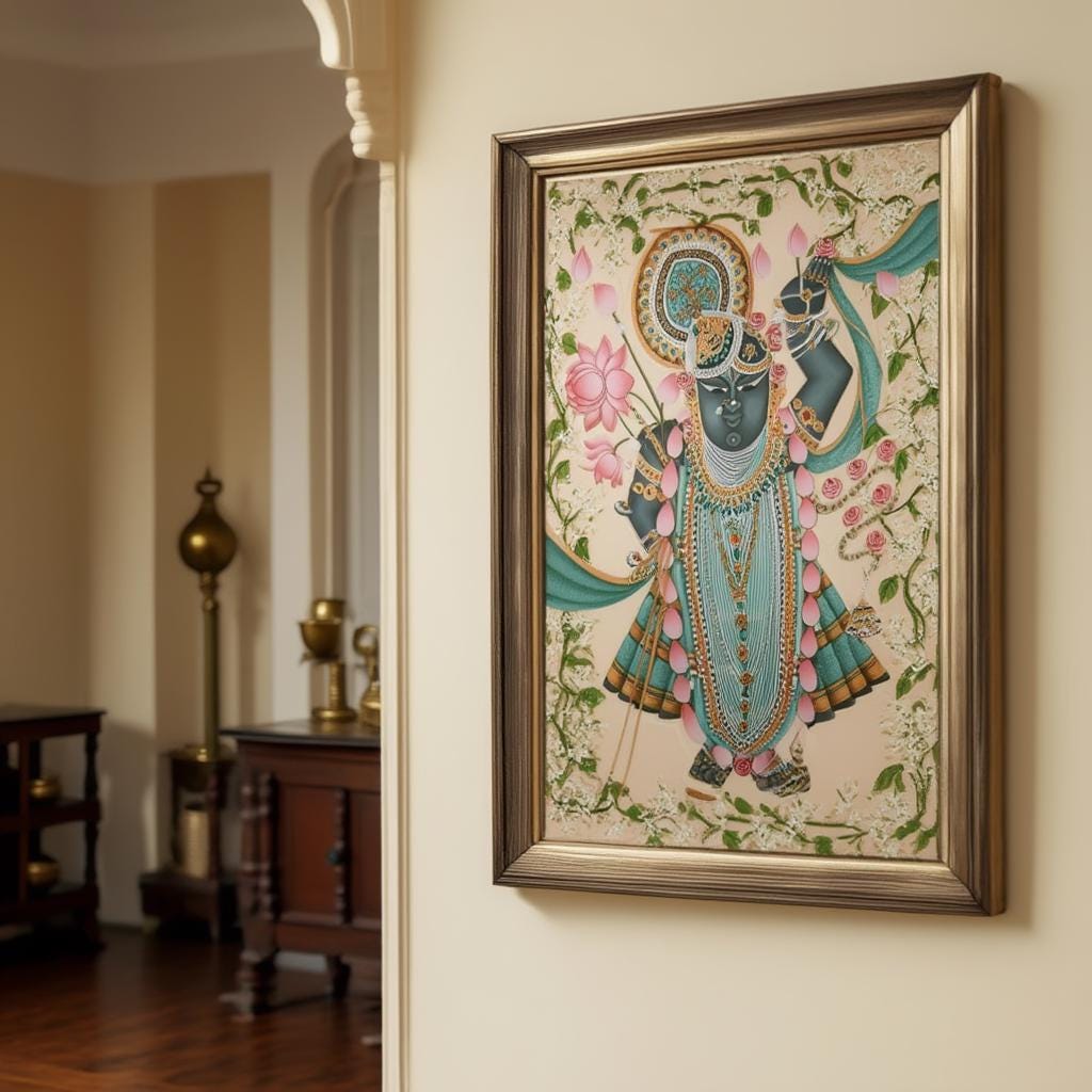 Shreenathji Floral Pichwai Art - Shrinath ji Painting, Indian Hindu God Wall Decor