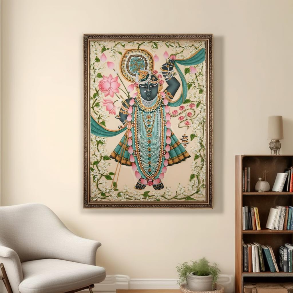 Shreenathji Floral Pichwai Art - Shrinath ji Painting, Indian Hindu God Wall Decor