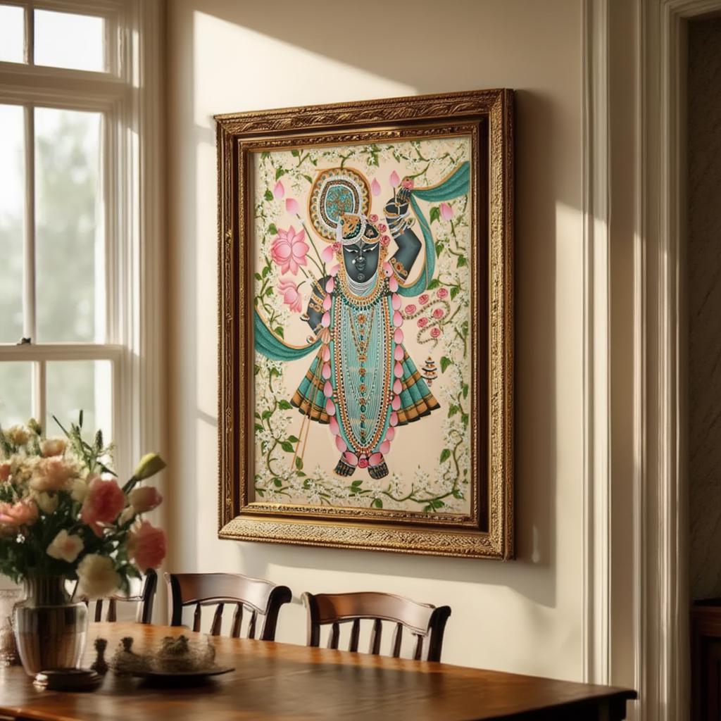 Shreenathji Floral Pichwai Art - Shrinath ji Painting, Indian Hindu God Wall Decor