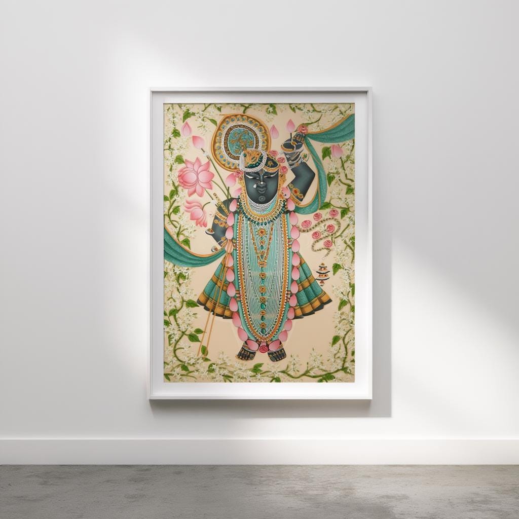 Shreenathji Floral Pichwai Art - Shrinath ji Painting, Indian Hindu God Wall Decor