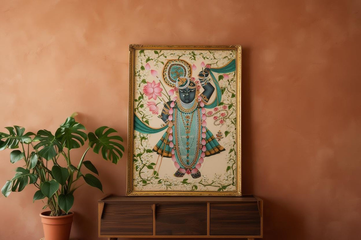 Shreenathji Floral Pichwai Art - Shrinath ji Painting, Indian Hindu God Wall Decor