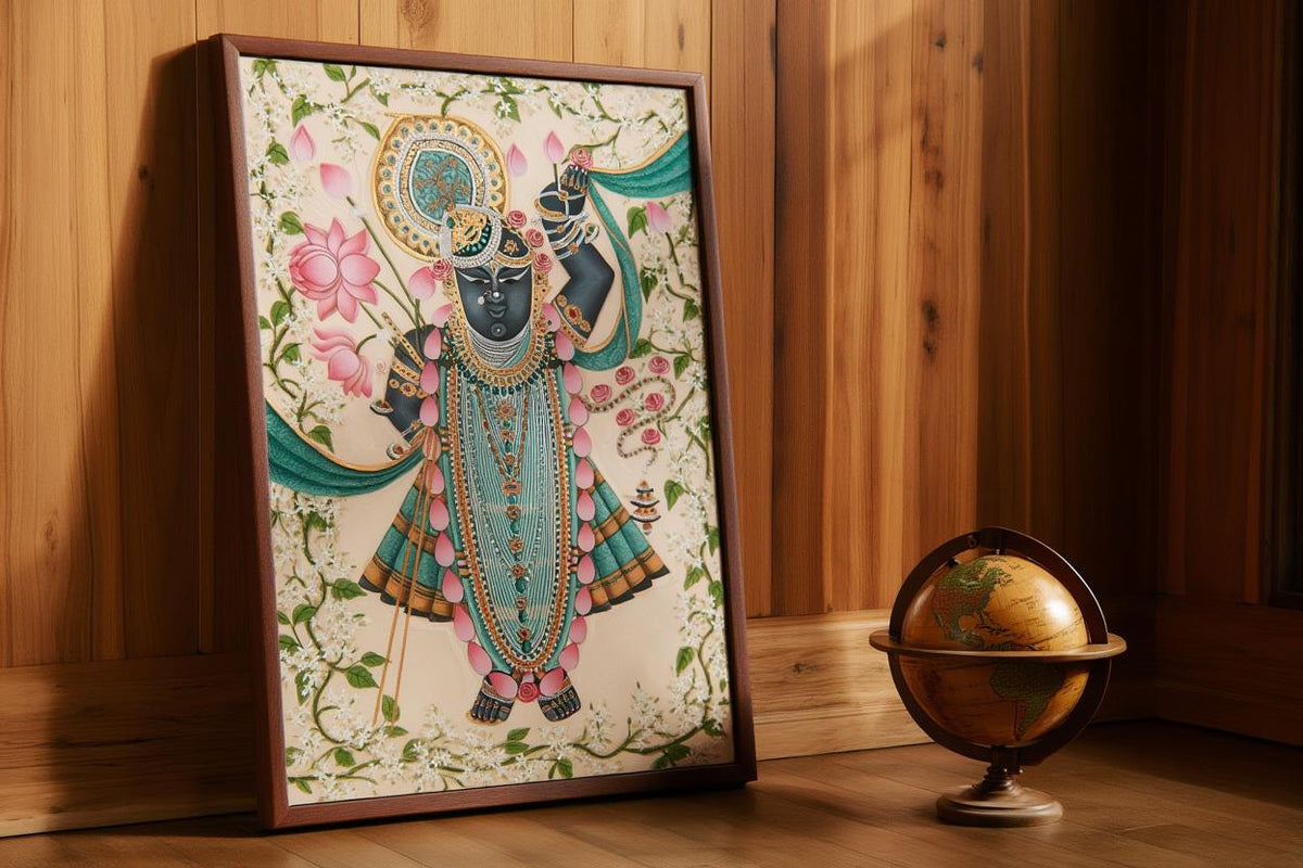Shreenathji Floral Pichwai Art - Shrinath ji Painting, Indian Hindu God Wall Decor