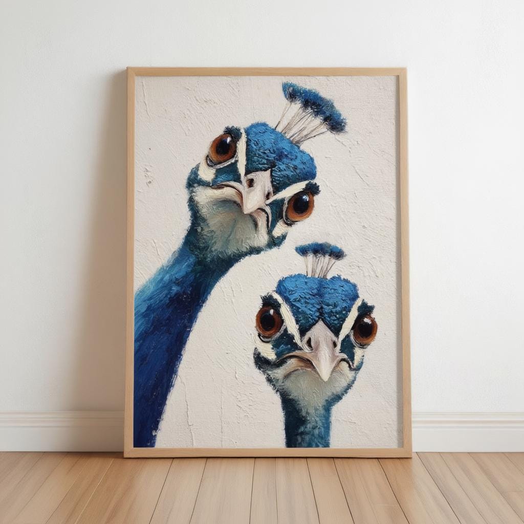 Whimsical Peacock Wall Art, Vibrant Blue Bird Painting, Funny Animal Print, Mid Century Retro Boho Poster, Quirky Colorful Home Decor Gift