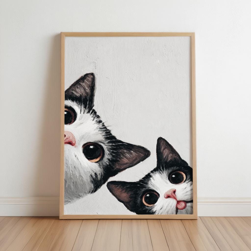 Baby Cat Wall Art, Funny Tuxedo Kitten Painting, Peeking Kitty Print, Minimalist Nursery Pet Portrait, Quirky Black & White Whimsical Decor