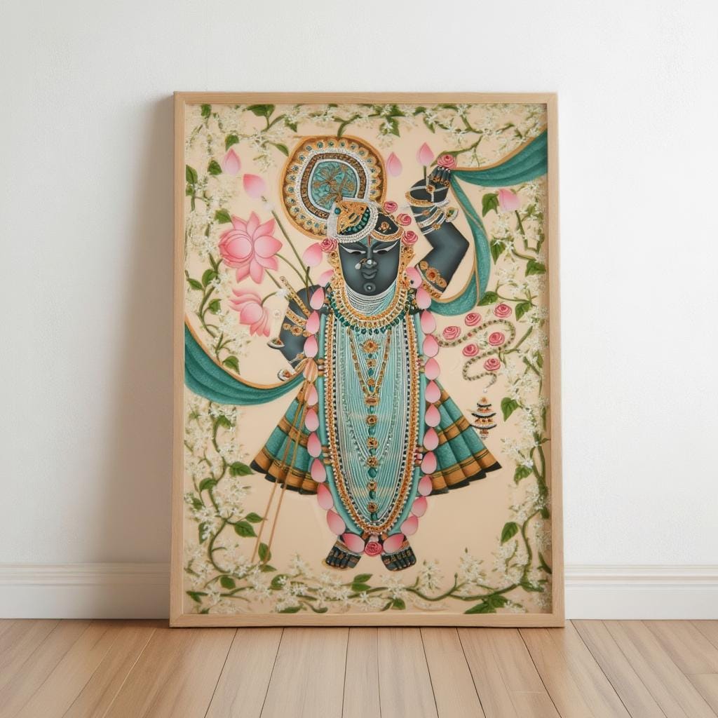Shreenathji Floral Pichwai Art - Shrinath ji Painting, Indian Hindu God Wall Decor