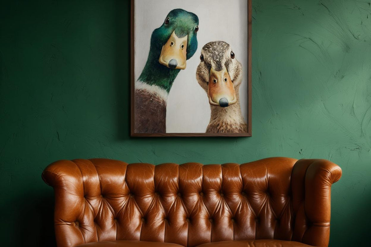Whimsical Duck Art Print, Mid Century Retro Painting, Mallard Pair Portrait, Funny Animal Wall Art, Quirky Kitchen Decor, Rustic Bird Poster