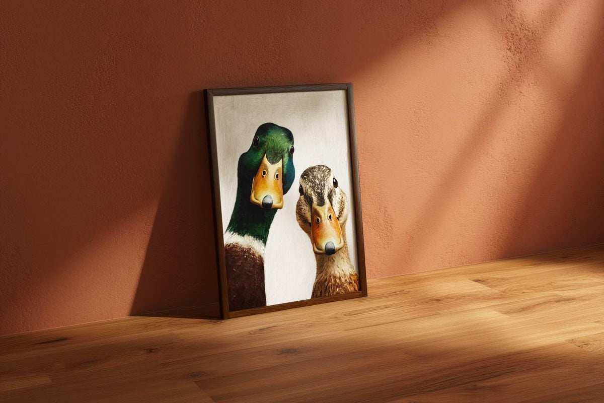 Whimsical Duck Art Print, Mid Century Retro Painting, Mallard Pair Portrait, Funny Animal Wall Art, Quirky Kitchen Decor, Rustic Bird Poster