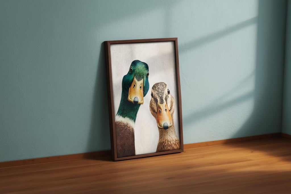 Whimsical Duck Art Print, Mid Century Retro Painting, Mallard Pair Portrait, Funny Animal Wall Art, Quirky Kitchen Decor, Rustic Bird Poster