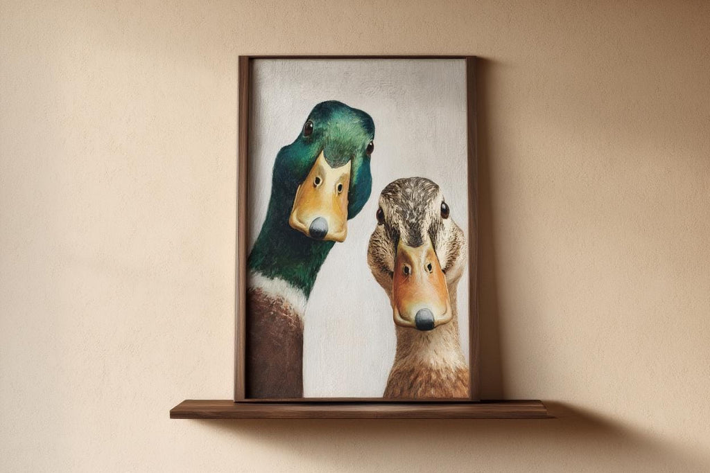 Whimsical Duck Art Print, Mid Century Retro Painting, Mallard Pair Portrait, Funny Animal Wall Art, Quirky Kitchen Decor, Rustic Bird Poster