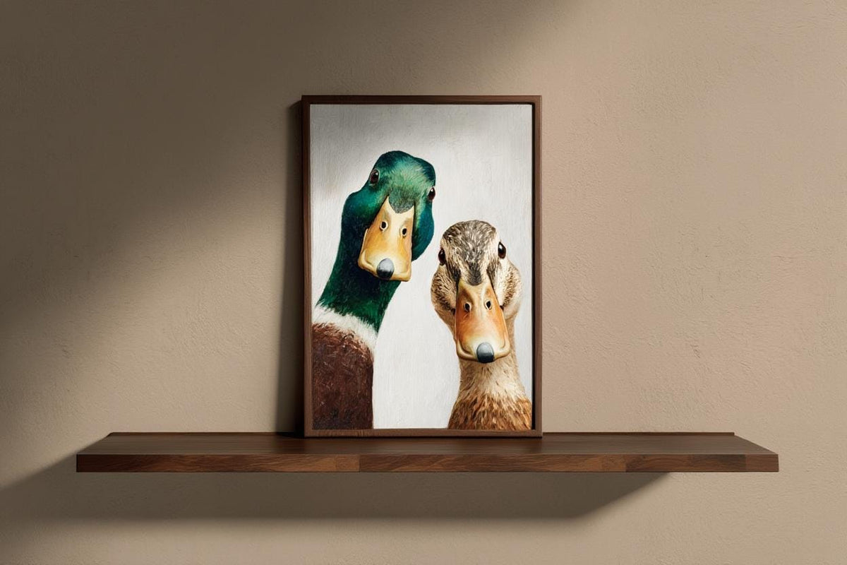 Whimsical Duck Art Print, Mid Century Retro Painting, Mallard Pair Portrait, Funny Animal Wall Art, Quirky Kitchen Decor, Rustic Bird Poster