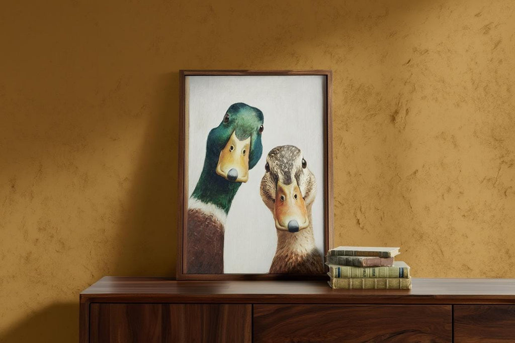 Whimsical Duck Art Print, Mid Century Retro Painting, Mallard Pair Portrait, Funny Animal Wall Art, Quirky Kitchen Decor, Rustic Bird Poster