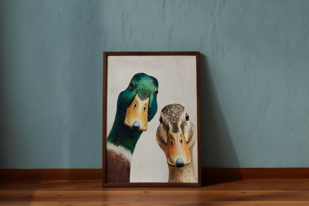 Whimsical Duck Art Print, Mid Century Retro Painting, Mallard Pair Portrait, Funny Animal Wall Art, Quirky Kitchen Decor, Rustic Bird Poster