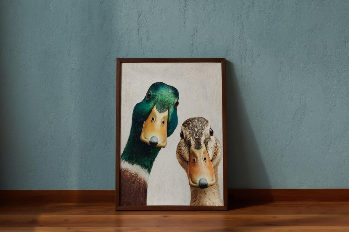 Whimsical Duck Art Print, Mid Century Retro Painting, Mallard Pair Portrait, Funny Animal Wall Art, Quirky Kitchen Decor, Rustic Bird Poster