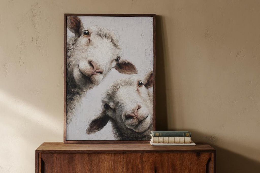 Whimsical Sheep Wall Art, Funny Lamb Oil Painting, Farmhouse Animal Art Print, Minimalist Countryside Portrait, Rustic Pastoral Decor