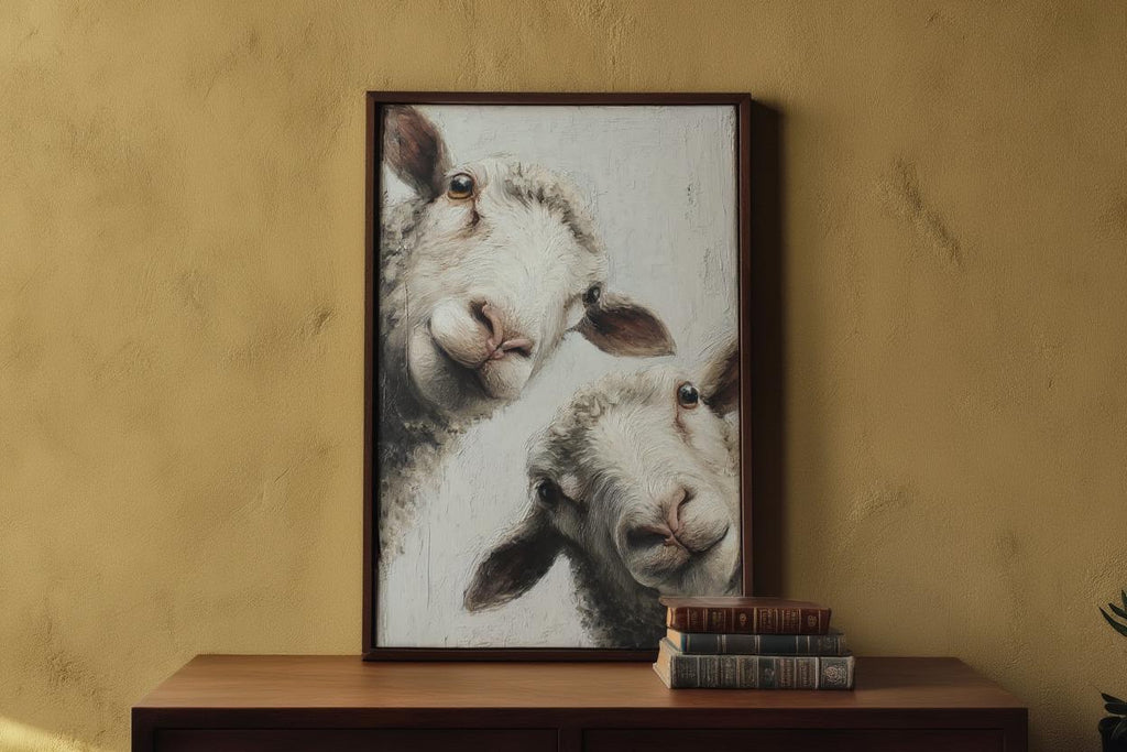 Whimsical Sheep Wall Art, Funny Lamb Oil Painting, Farmhouse Animal Art Print, Minimalist Countryside Portrait, Rustic Pastoral Decor