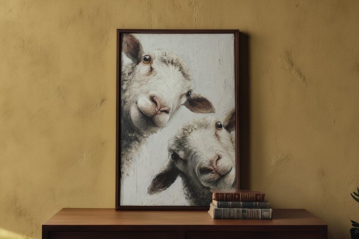 Whimsical Sheep Wall Art, Funny Lamb Oil Painting, Farmhouse Animal Art Print, Minimalist Countryside Portrait, Rustic Pastoral Decor