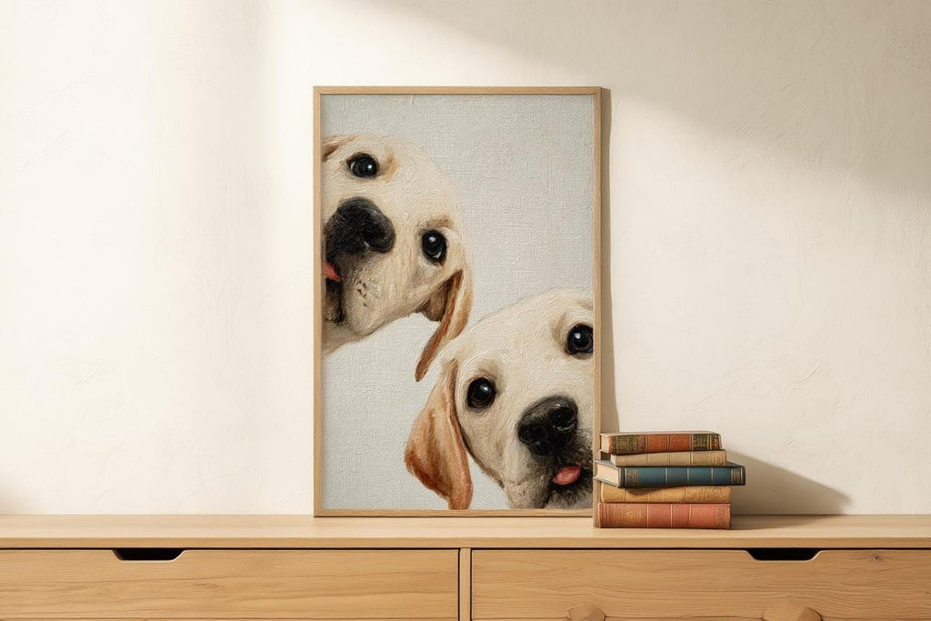 Labrador Puppies Oil Painting, Whimsical Dog Art, Peeking Pups Print