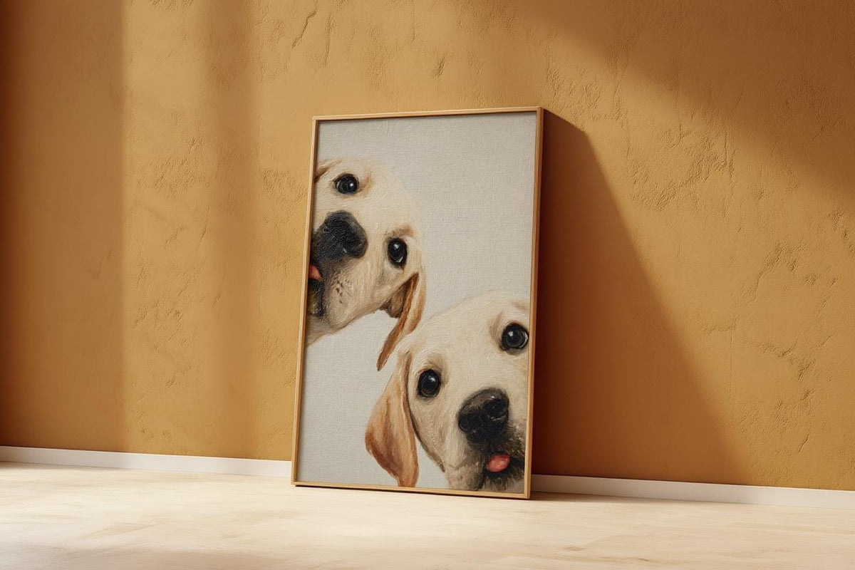 Labrador Puppies Oil Painting, Whimsical Dog Art, Peeking Pups Print