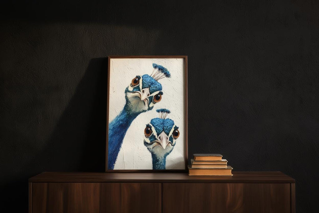 Whimsical Peacock Wall Art, Vibrant Blue Bird Painting, Funny Animal Print, Mid Century Retro Boho Poster, Quirky Colorful Home Decor Gift