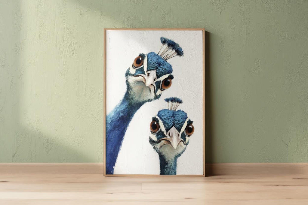 Whimsical Peacock Wall Art, Vibrant Blue Bird Painting, Funny Animal Print, Mid Century Retro Boho Poster, Quirky Colorful Home Decor Gift