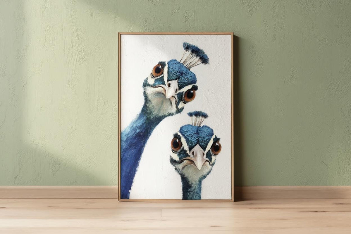 Whimsical Peacock Wall Art, Vibrant Blue Bird Painting, Funny Animal Print, Mid Century Retro Boho Poster, Quirky Colorful Home Decor Gift