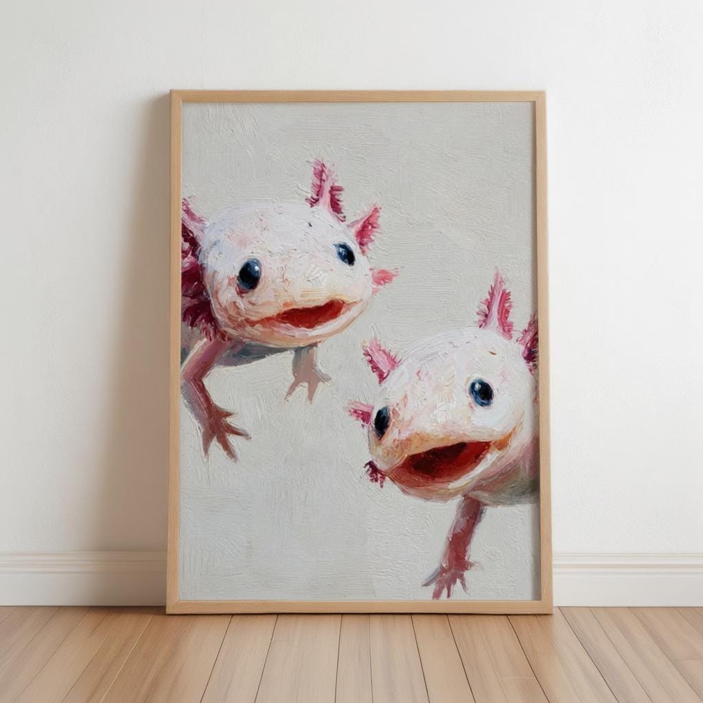 Whimsical Axolotl Oil Painting - Cute Axolotls Art Print - Pink Nursery Wall Art - Impressionist Peeking Animal Fine Art Poster