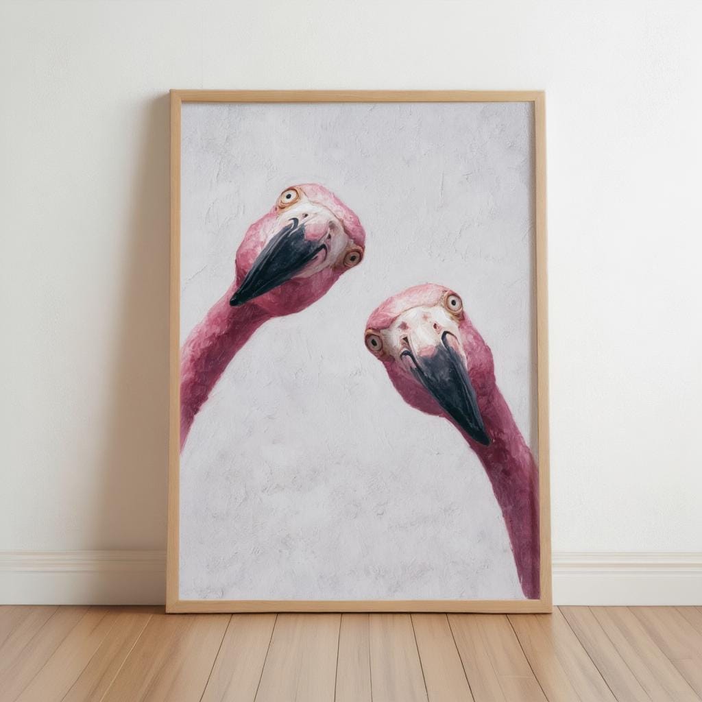Funny Pink Flamingo Painting, Whimsical Tropical Nursery Wall Art