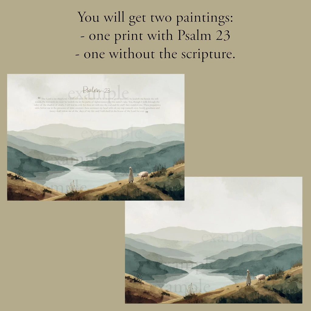 Psalm 23 wall art print mockups overlapping on beige, two crops of muted green-blue mountain landscape
