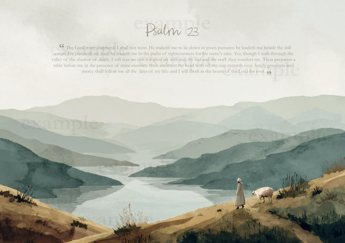 Close crop of Psalm 23 wall art print, clean serif scripture at top, textured watercolor mountains in sage
