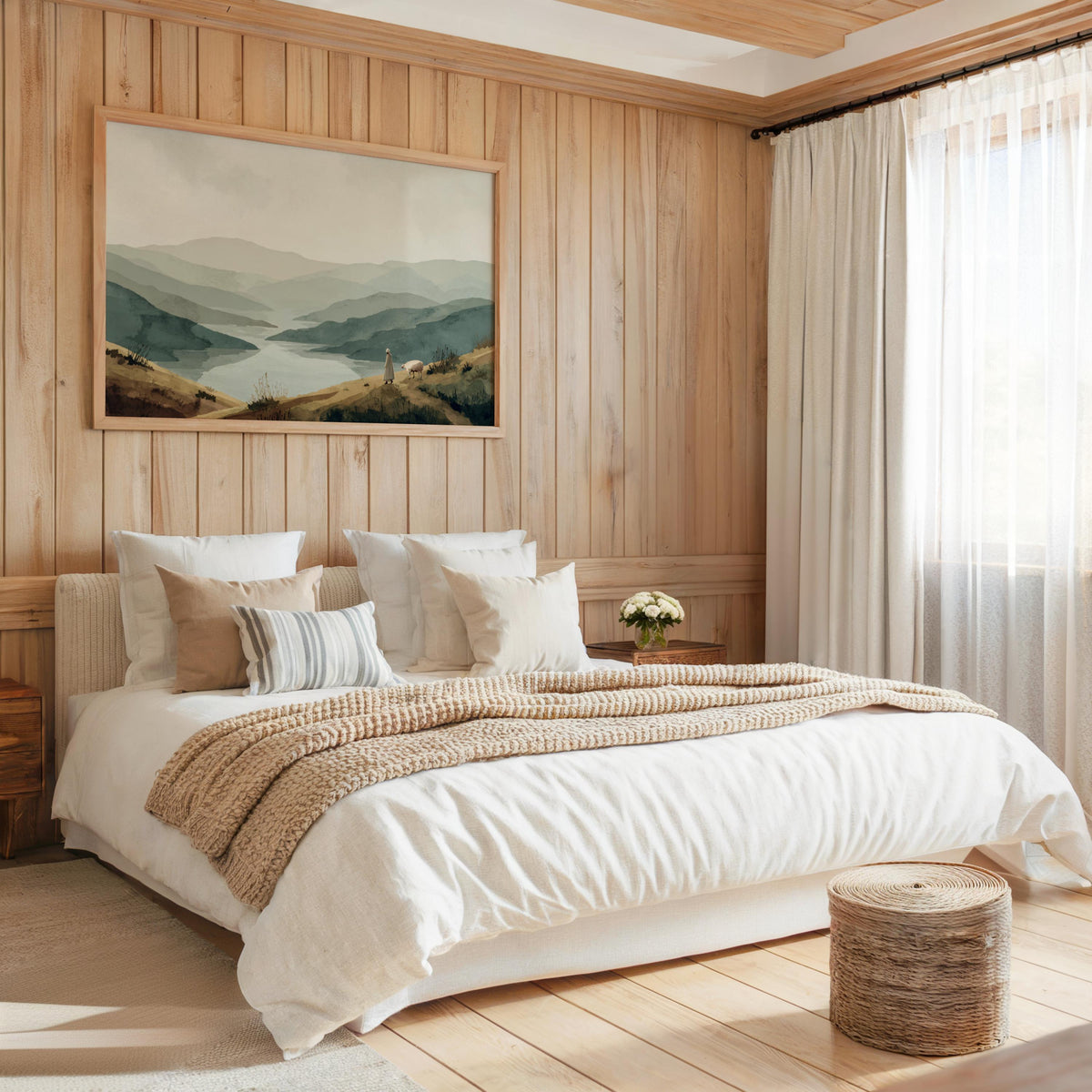 Bedroom with framed Psalm 23 wall art print above bed, cozy neutral linens, layered green-blue landscape