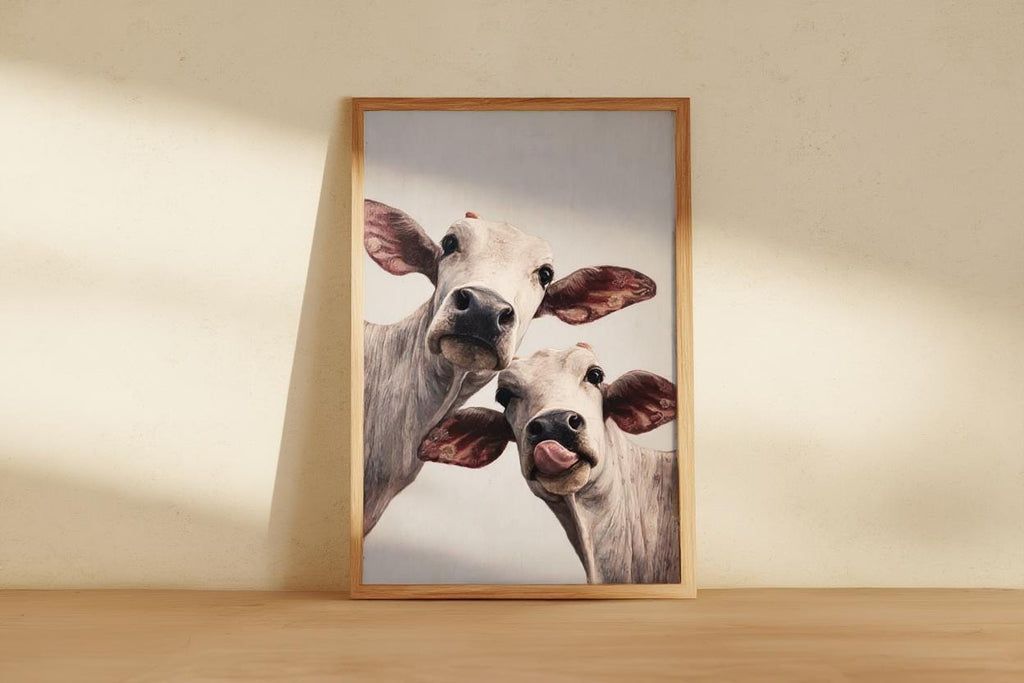 Cow Wall Art, Rustic Cute Country Decor, Whimsical Heifer Print, Funny Kamdhenu Cow Painting, Licking Farm Animal Portrait, Indian Farmhouse