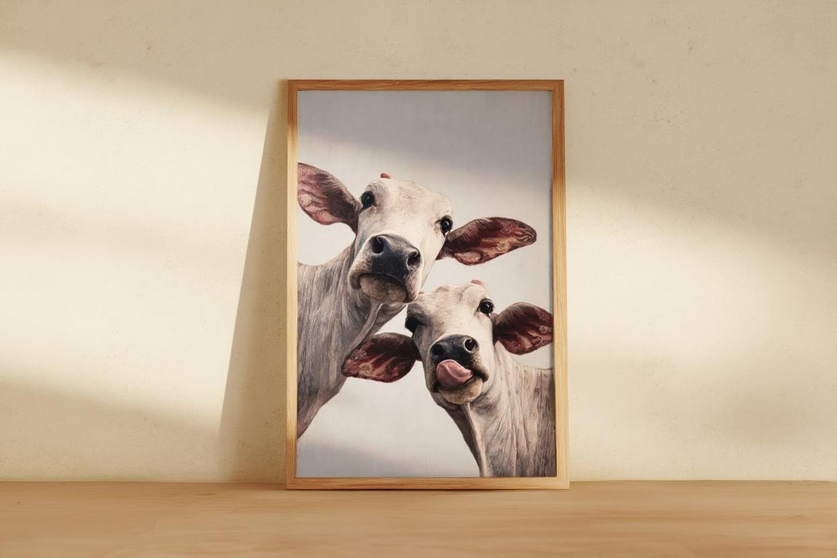 Cow Wall Art, Rustic Cute Country Decor, Whimsical Heifer Print, Funny Kamdhenu Cow Painting, Licking Farm Animal Portrait, Indian Farmhouse