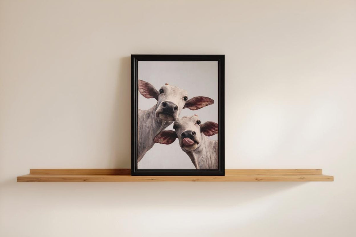 Cow Wall Art, Rustic Cute Country Decor, Whimsical Heifer Print, Funny Kamdhenu Cow Painting, Licking Farm Animal Portrait, Indian Farmhouse