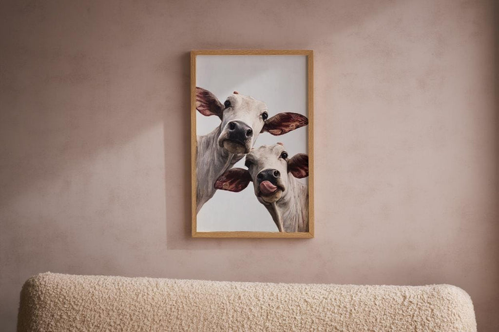 Cow Wall Art, Rustic Cute Country Decor, Whimsical Heifer Print, Funny Kamdhenu Cow Painting, Licking Farm Animal Portrait, Indian Farmhouse