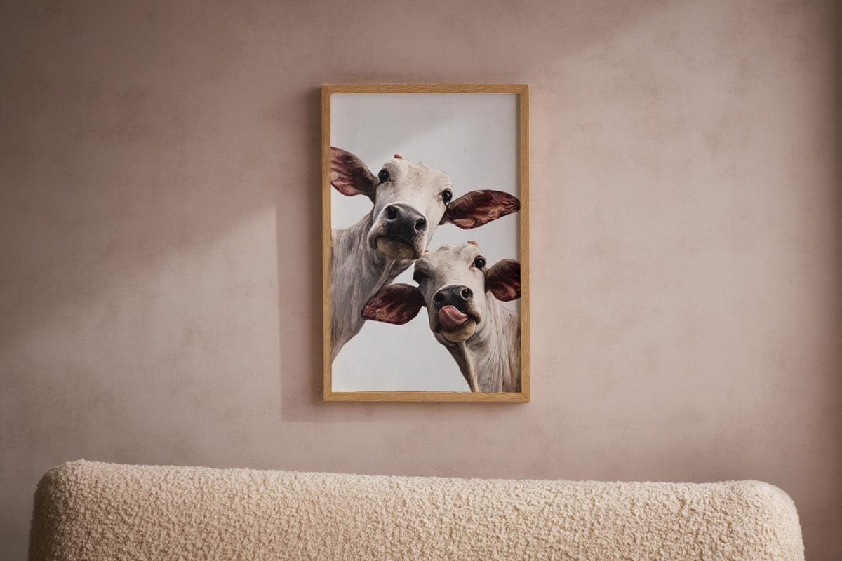 Cow Wall Art, Rustic Cute Country Decor, Whimsical Heifer Print, Funny Kamdhenu Cow Painting, Licking Farm Animal Portrait, Indian Farmhouse