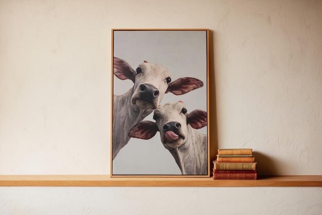 Cow Wall Art, Rustic Cute Country Decor, Whimsical Heifer Print, Funny Kamdhenu Cow Painting, Licking Farm Animal Portrait, Indian Farmhouse
