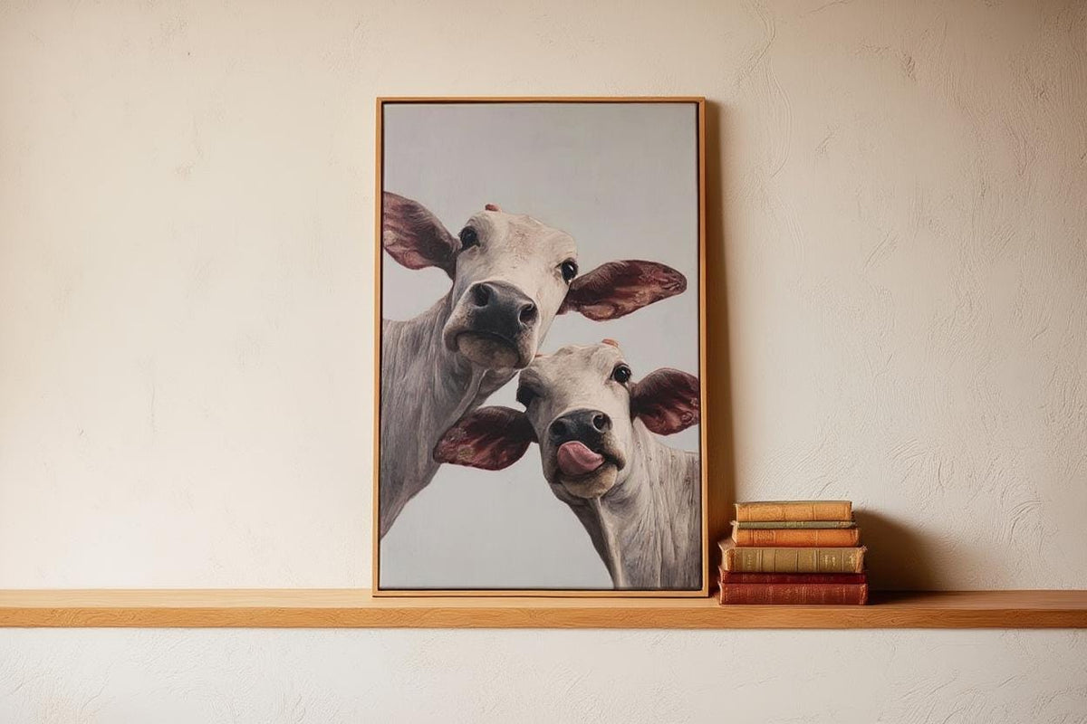 Cow Wall Art, Rustic Cute Country Decor, Whimsical Heifer Print, Funny Kamdhenu Cow Painting, Licking Farm Animal Portrait, Indian Farmhouse