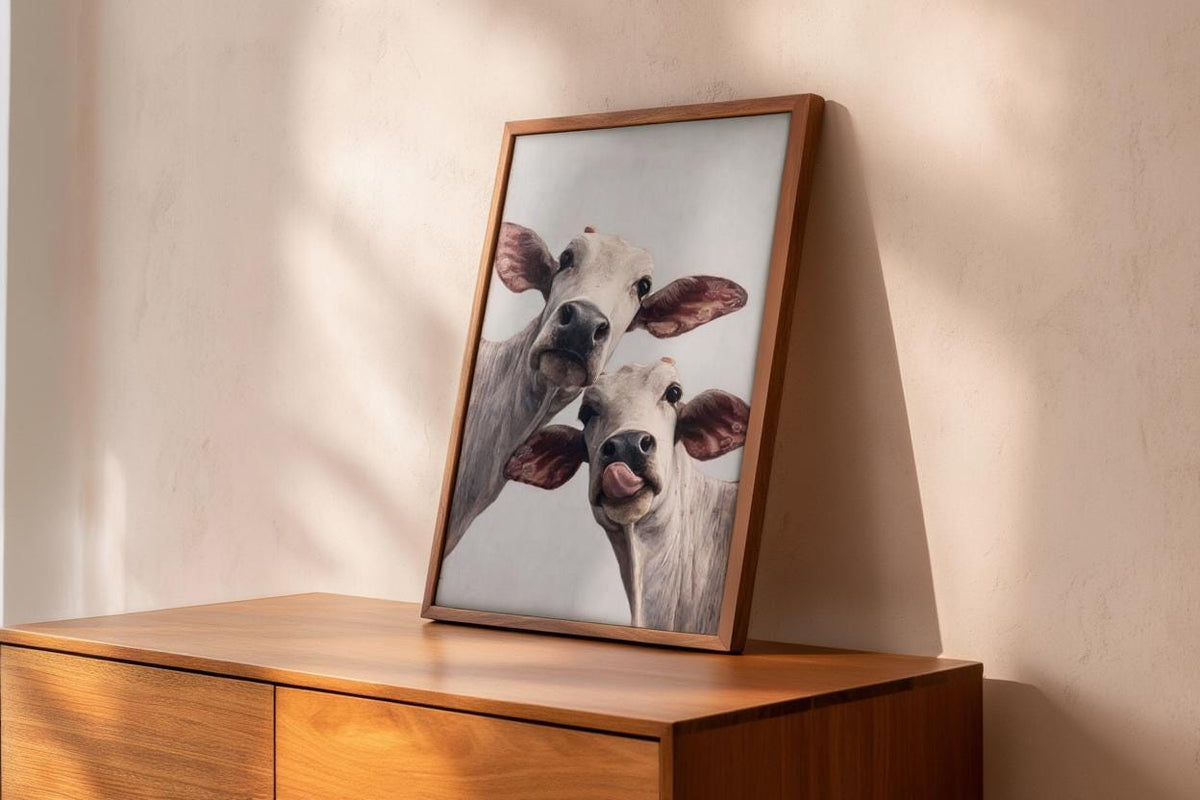 Cow Wall Art, Rustic Cute Country Decor, Whimsical Heifer Print, Funny Kamdhenu Cow Painting, Licking Farm Animal Portrait, Indian Farmhouse
