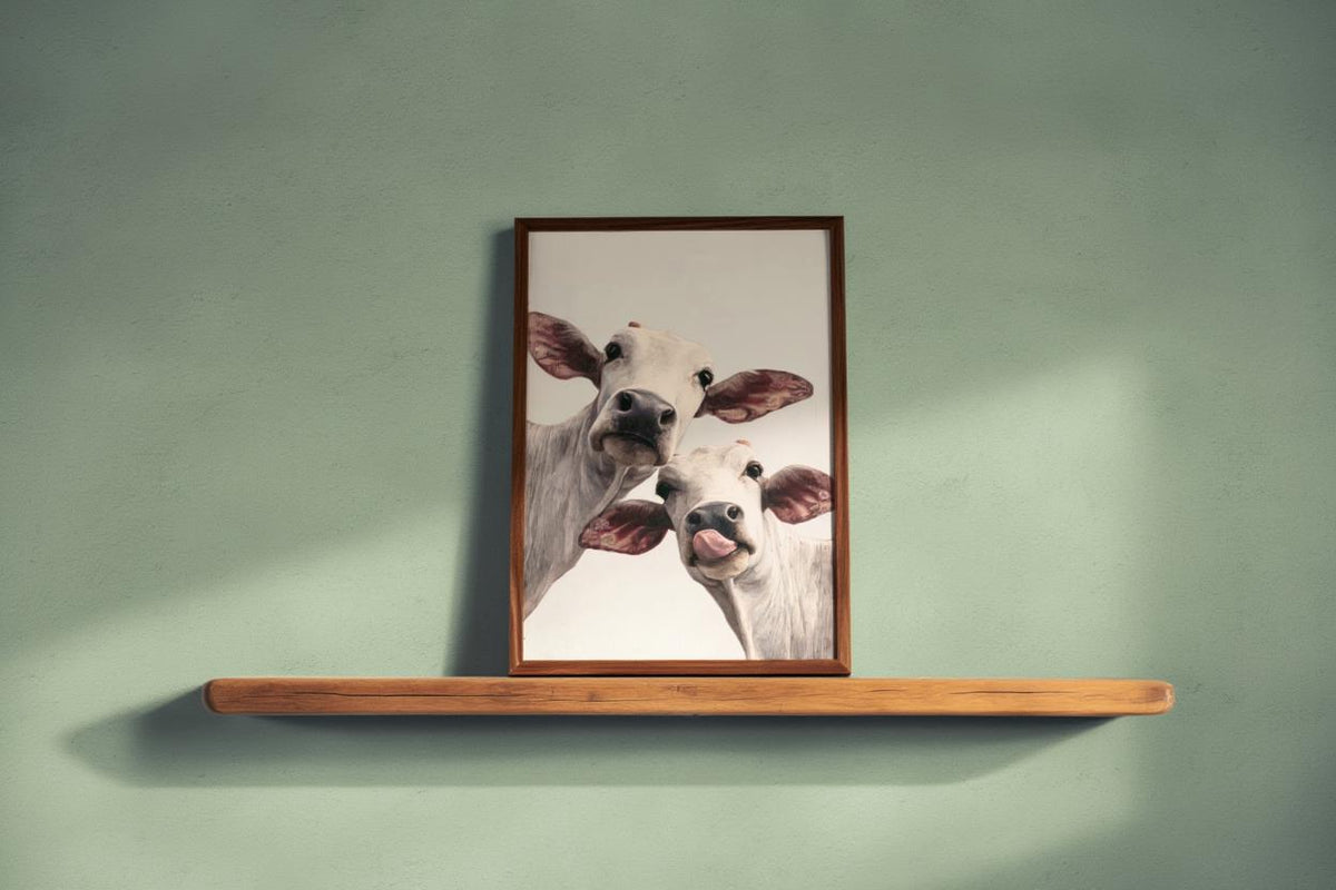 Cow Wall Art, Rustic Cute Country Decor, Whimsical Heifer Print, Funny Kamdhenu Cow Painting, Licking Farm Animal Portrait, Indian Farmhouse