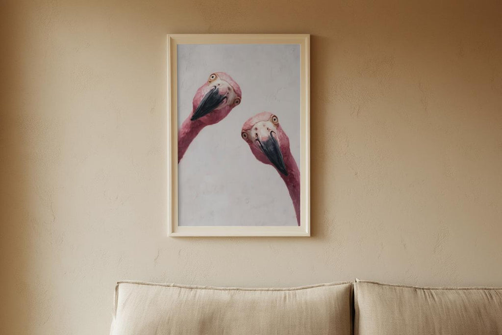 Funny Pink Flamingo Painting, Whimsical Tropical Nursery Wall Art