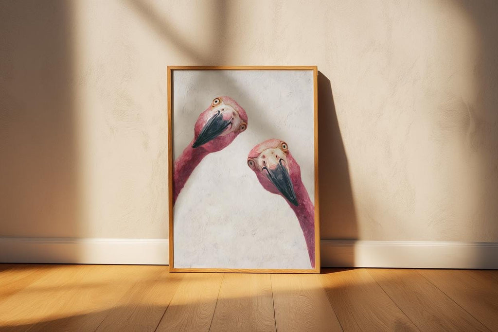 Funny Pink Flamingo Painting, Whimsical Tropical Nursery Wall Art