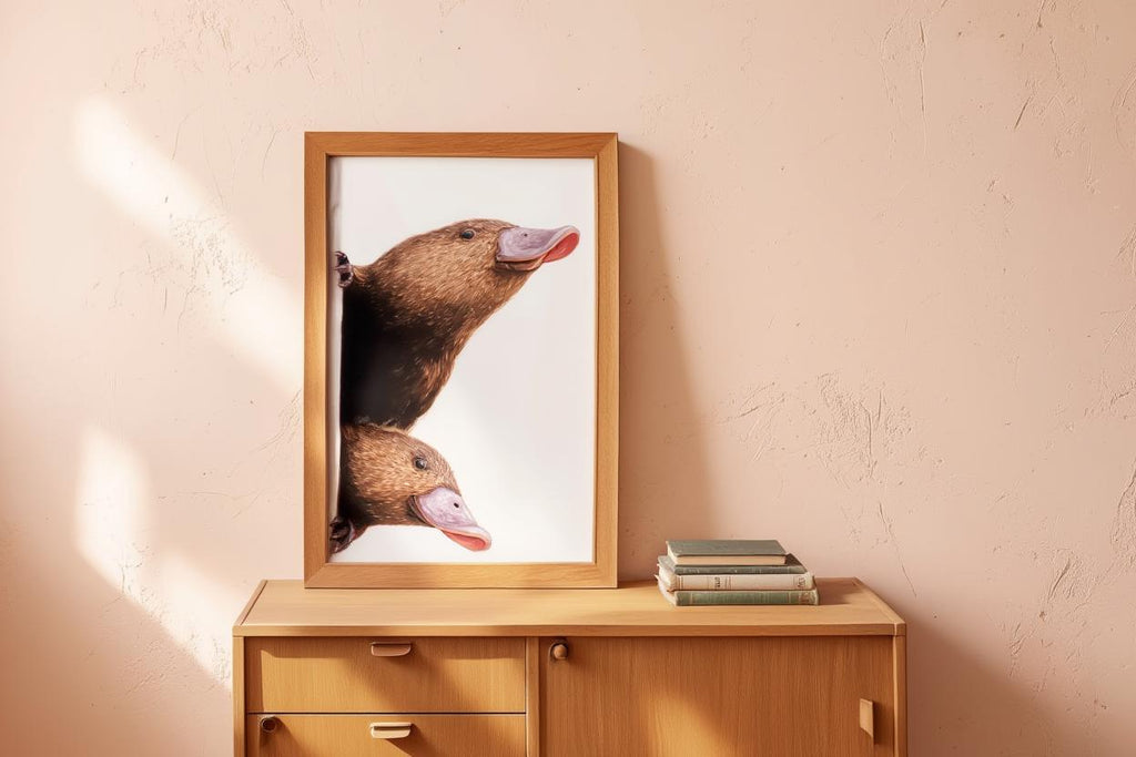 Peeking Platypus Art Print - Australian Animal Pair Gift - Whimsical Nursery Wall Decor - Cute Earth Tone Poster for Kids Room