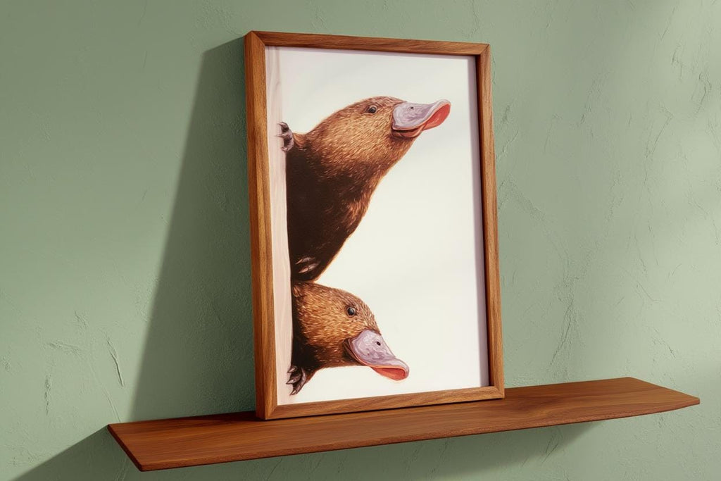 Peeking Platypus Art Print - Australian Animal Pair Gift - Whimsical Nursery Wall Decor - Cute Earth Tone Poster for Kids Room