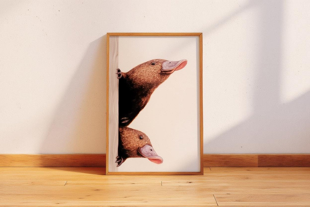 Peeking Platypus Art Print - Australian Animal Pair Gift - Whimsical Nursery Wall Decor - Cute Earth Tone Poster for Kids Room