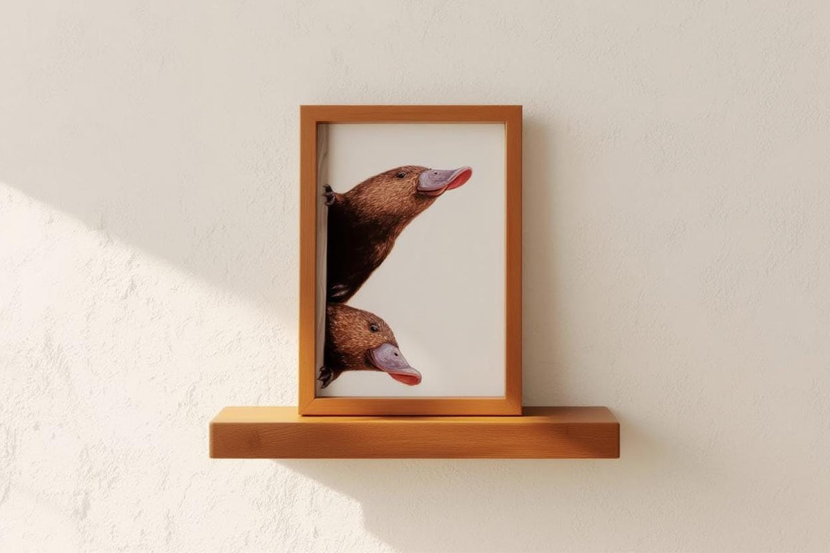 Peeking Platypus Art Print - Australian Animal Pair Gift - Whimsical Nursery Wall Decor - Cute Earth Tone Poster for Kids Room