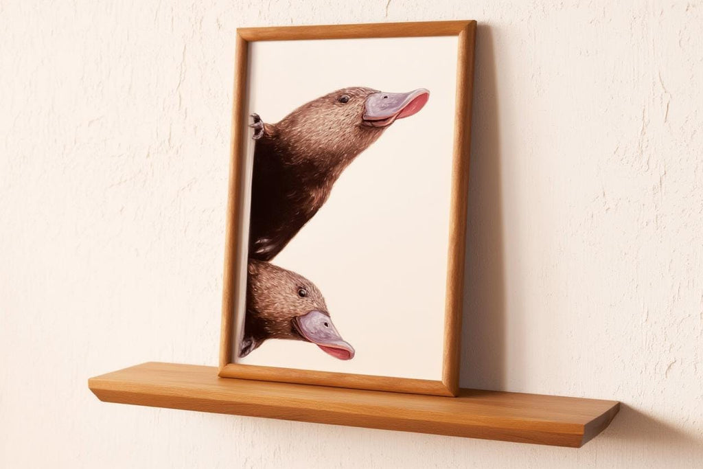 Peeking Platypus Art Print - Australian Animal Pair Gift - Whimsical Nursery Wall Decor - Cute Earth Tone Poster for Kids Room