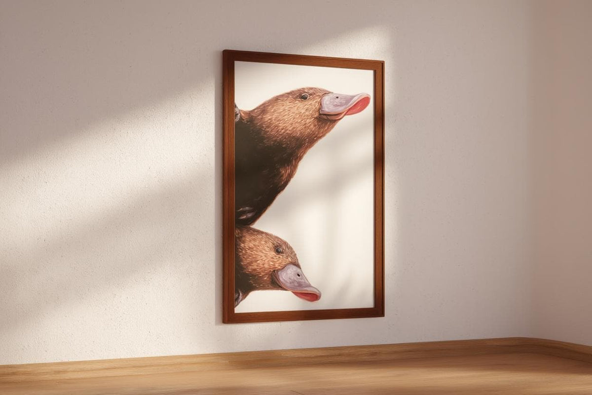 Peeking Platypus Art Print - Australian Animal Pair Gift - Whimsical Nursery Wall Decor - Cute Earth Tone Poster for Kids Room