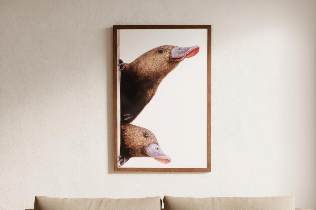 Peeking Platypus Art Print - Australian Animal Pair Gift - Whimsical Nursery Wall Decor - Cute Earth Tone Poster for Kids Room